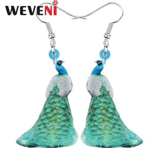 WEVENI Acrylic Elegant Green Peafowl Peacock Earrings Long Feather Bird Animal Dangle Drop For Women Girls Trendy Gift Jewelry