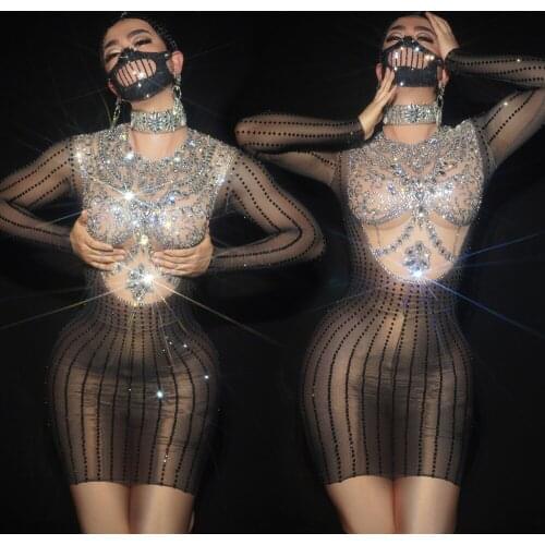 Sparkling Crystal Perspective Party Dress Women Bodycon See Through Rhinestone Dress Sexy Prom Dress Nightclub Dancer Stage Wear