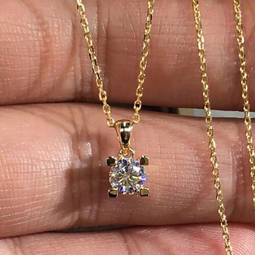 18K Yellow Gold Women Pendants Necklaces Moissanite Diamond 0.5 1 2 3 4 5 Carat Round W Wedding Anniversary Engagement Party