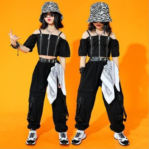 Kids Cool Hip Hop Dancing Outfits Streetwear Crop off shoulder Cargo Pants For Singers Girls Jazz Dancing Costumes Clothing