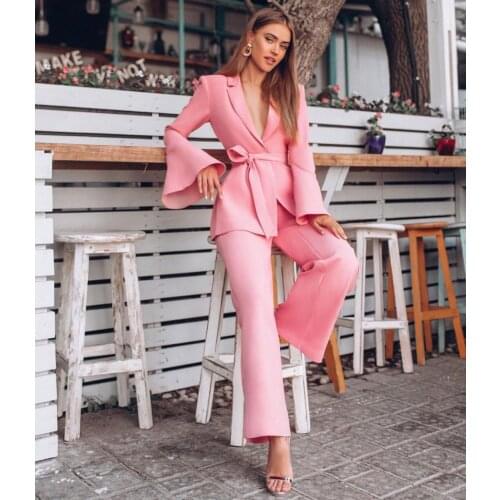 Elegant Pink Ladies Blazer Suits with Belt Women Business Pants Suit Leisure Club Party Wedding Outfit (Jacket+Pants)