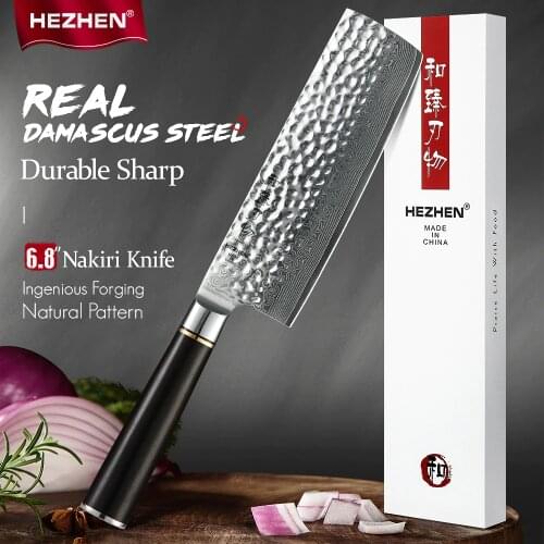 HEZHEN 7 inches Nakiri Knife Japanese Real Damascus Steel Chefs Knife Slicing Kitchen Knife For Meat Vegetable Cooking Tools