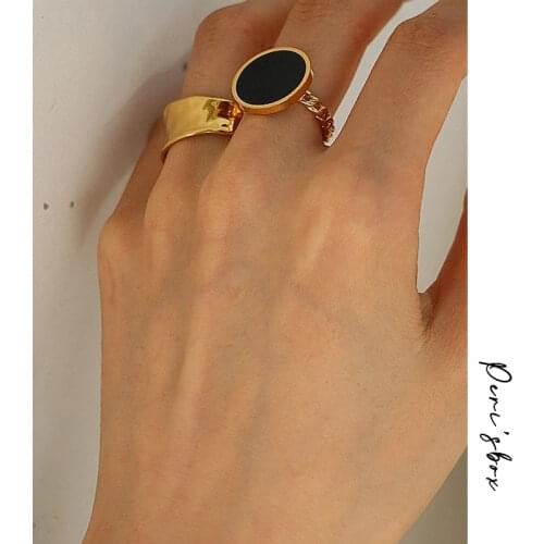 PerisBox Link Chain Malachite Black Shell Rings Circle Geometric Rings for Women Titanium Steel Vintage Disc Ring Adjustable