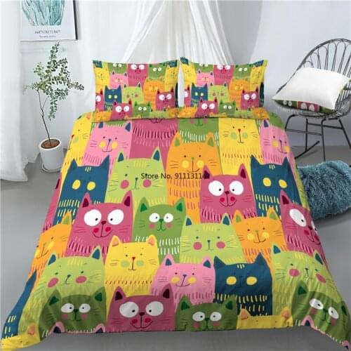 3D Cartoon Cat Digital Print Home Decor Home Textile Deluxe 2/3 Piece Down Cover Pillowcase Multisize Bedding Set