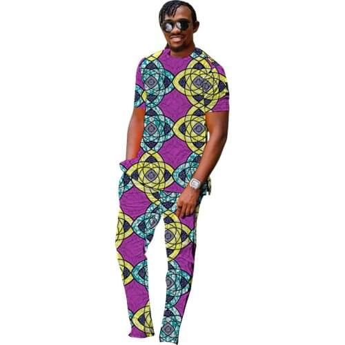 Colorful Print Men Short Sleeve Tops Match Pants Occasion Clothes African Suits Ghana Fashion Custom Made Wedding Garments