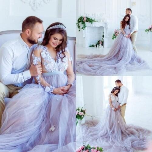 Lavender Country Maternity Wedding Dresses Long Sleeves 3D Floral wedding Gowns Plus Size Bridal Gowns Beach robe de mariée