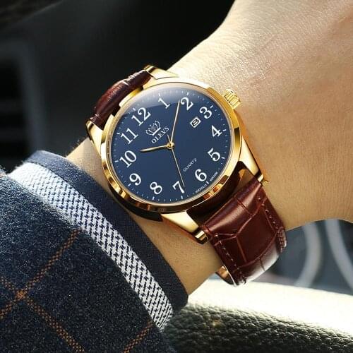 Top Brand OLEVS Men Watch Easy Reader Date Brown Leather Strap Waterproof Casual Quartz Wristwatch Gifts for Men