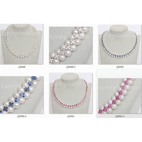 Natural 15" 2row 9mm 8mm round white pearls red zircon necklace j10551