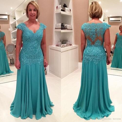 Elegant Cap Sleeve Mother Of The Bride Dress V Neck Appliques Chiffon A Line Sweep Train Mom Wedding Guest Dresses