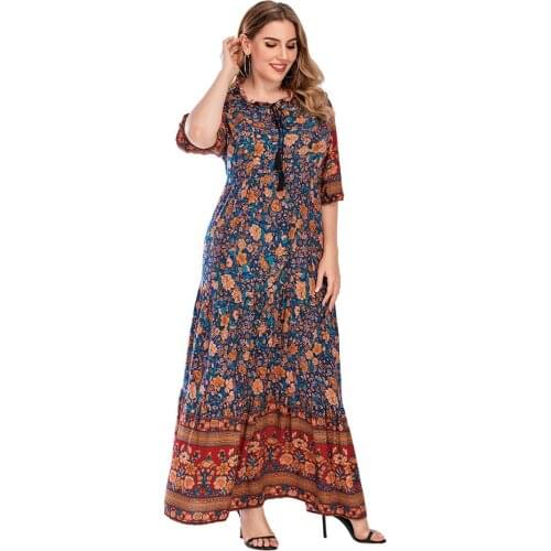 Plus Size Abaya Vintage Muslim Women Floral Print Bohemian Long Maxi Dress V-neck Lace-up Ruffles Kaftan Gown Summer Vestidos