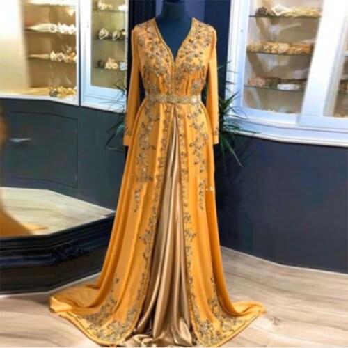 Real Image Arabic Evening Dress Gold Satin Long Sleeves Moroccan Kaftan V Neck Appliques Long Prom Gowns Custom Made Plus Size