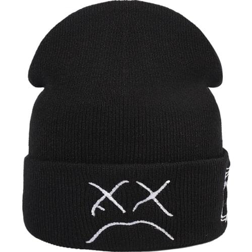 New Style Beanie with Embroidered Crying Face Dome Knitted Hat for Men and Women All-match Outdoor Warm Riding Hat