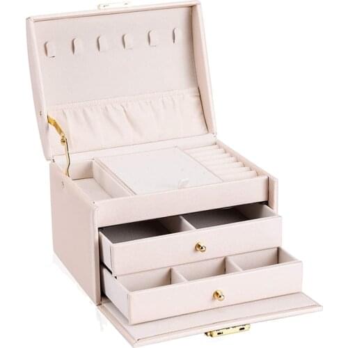 Womens Jewelry Box,3 Layer Medium Sized Jewelry Storage Box with Lock Portable Travel Jewelry Case for Bracelets Rings