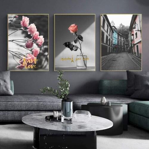 Nordic Red Rose Flower Canvas Painting Black White City Landscape Wall Art Picture Modern Classic Poster Print Room Home Decor