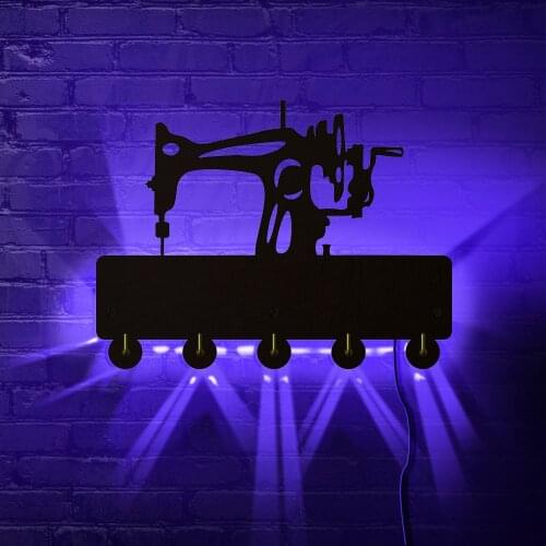 Sewing Machine Sewing Room LED Wall Sign Key Organizer Rack with 5 Hooks Modern Entryway Organizer Tailor Shop Craft Room Decor