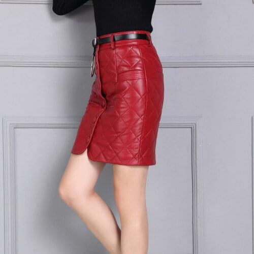 Brand Womens High Waist 100% Real Leather Down Skirt Fashion Office Button Wrap Skirt Plus Size Winter Elegant Knee Length Skirt