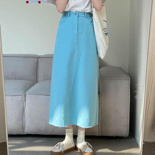 2021 New Women Summer Beige Long Denim Skirt Elastic High Waist A-line Zipper Casual Jeans Skirts Cotton Midi Jupes