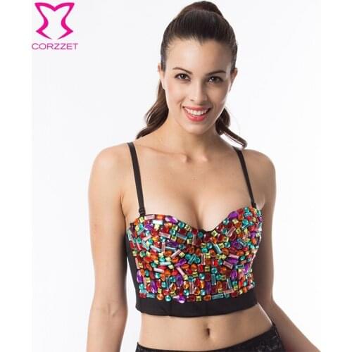 CORZZET Colorful Rainbow Diamonds Resin Gem Bustier Bra Tops Punk Brassiere Push Up Rave Bras For Women Club Dance Wear