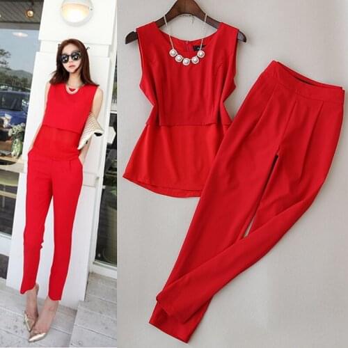 2 piece outfits for women fashion elegant pioneer suit female sleeveless vest chiffon shirt temperament slim nine pants two sets