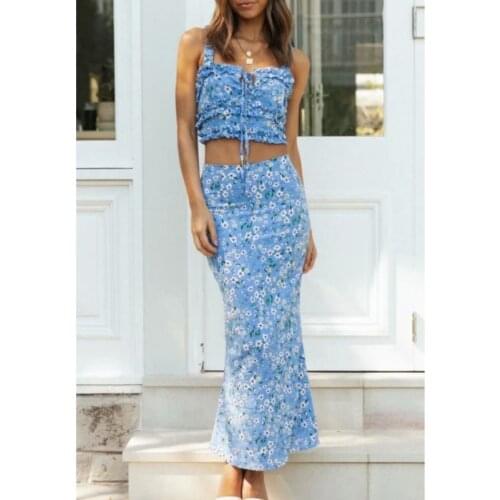 Musuos Women Beach Party Outfits Two Pieces Blue Floral Print Ruched Crop Tops+Bodycon Skirts High Waist Fashion Summer Clothes