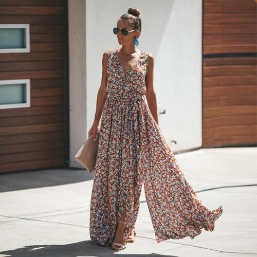 Happie Queens women floral print sleeveless beach Bohemian maxi dress Ladies v-neck rayon floor-length Boho sundress vestidos