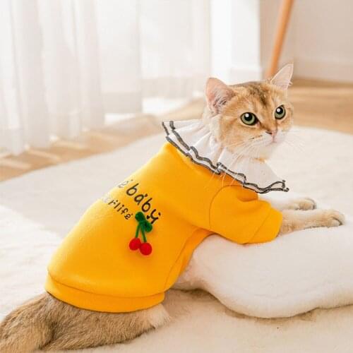 Winter Cat Clothes Hoodie Cherry Lace Collar Sweater Cute Puppy Kitten Jacket Two-Legged Coat For Small Medium Dogs Cat Supplies