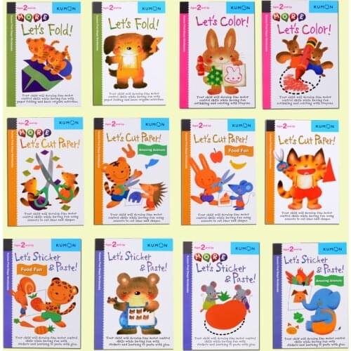12pcs Kumon lets fold /lets color /lets cut paper Sticker Book children English childrens picture book baby gift