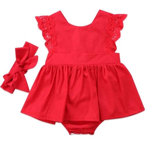 2020 New Summer 2pcs Red Flower Cute Newborn Baby Girls Bodysuit Tutu Dress Jumpsuit Hole Outfits Headband Set Clothes 0-24M