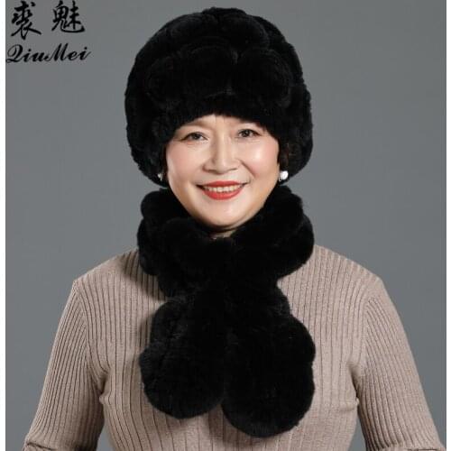 2 PCS/Set Real Rex Rabbit Fur Hat Scarf Sets For Middle-aged Women Warm Beanies Scarf Lady Rose Flower Hats Knitted Scarf