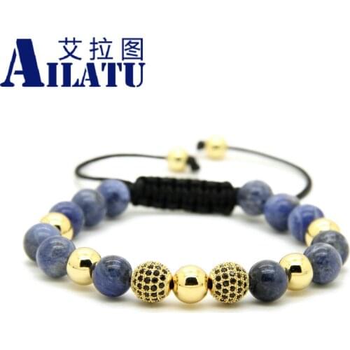Ailatu Mens Jewelry Wholesale 10pcs/lot 8mm Natural Blue Veins Stone Beads & 9mm Micro Paved Black Cz Ball Macrame Bracelet