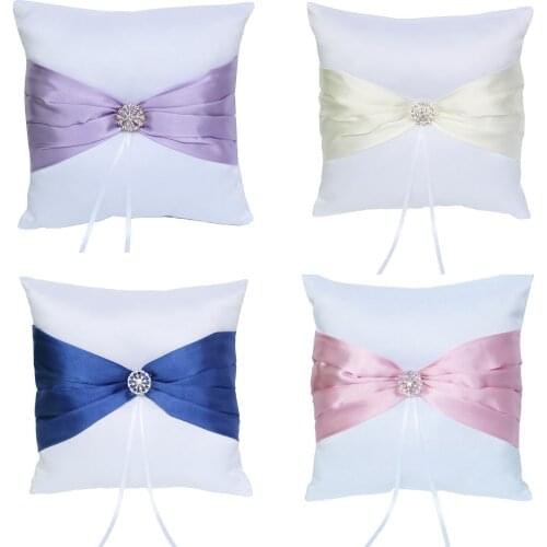 Ring Bearer Pillow Cushion 7.8 x7.8 inch with Satin Ribbon and Rhinestones for Rustic Bridal Wedding Shower Ceremony