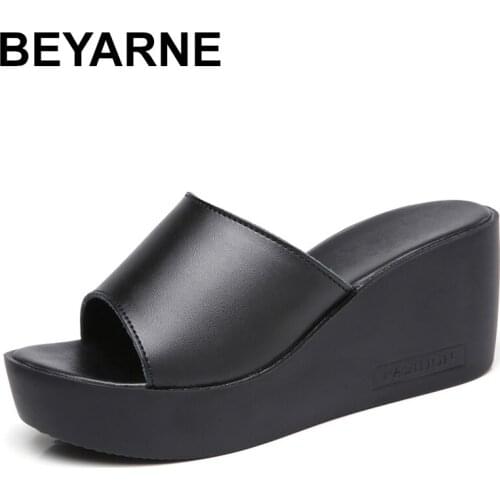 BEYARNEWomen Summer Slippers Open Toe Shoes Fashion Wedge Platform Slippers Split Leather Lace Up High Heels Sandalias
