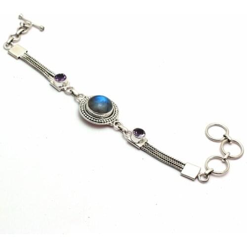 Genuine Labradorite + Amethyst Bracelet 925 Sterling Silver, Women Fine Jewelry Gift, 19 cm, MHBBR0189