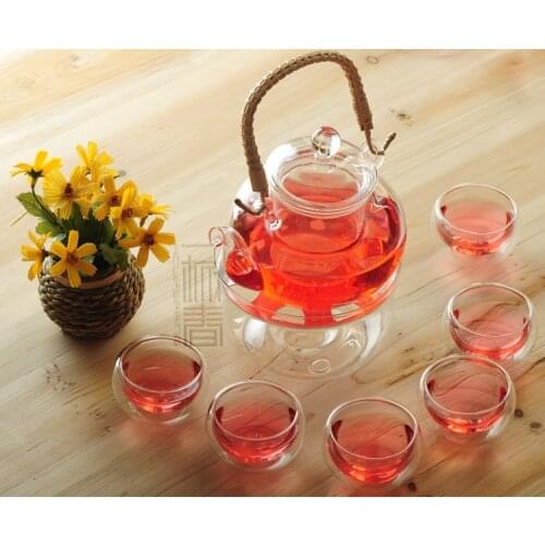 Rattan handle 800ml Glass teapot with infuser/filter+ 4/6 Double-wall Glass Cups, Warmer,candle,coffee set for Chinese/puer tea