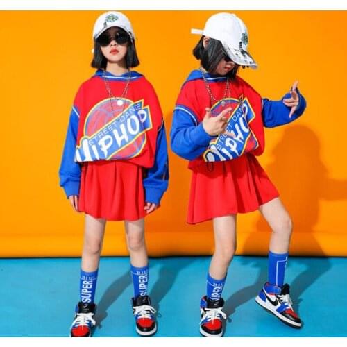 Kids Ballroom Hip Hop Outfits Red Sweatshirt Tops Skirt for Girls Cheerleader Jazz Dance Costumes Ballroom Dancing Clothes Wear