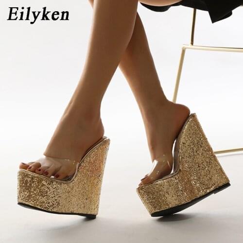 Eilyken 2021 New PVC Transparent Platform Wedges Slippers Summer Peep Toe Shoes Woman Sexy Super High Mules Sandal Slippers
