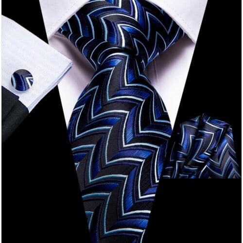 Hi-Tie Black Navy Blue Novelty Silk Wedding Tie For Men Handky Cufflink Fashion Design Nicktie For Men Business Party Dropship