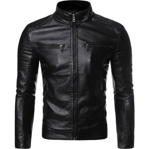 2021 Spring and Autumn Fashion Casual Men Solid Color Stand-up Collar Zipper Slim Motorcycle Long Sleeve Men Leather Jacket