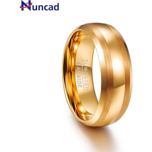 Nuncad Mens 8mm Gold Color Domed Beveled Edge Brushed Lines Tungsten Wedding Band Rings Size 7 to 12