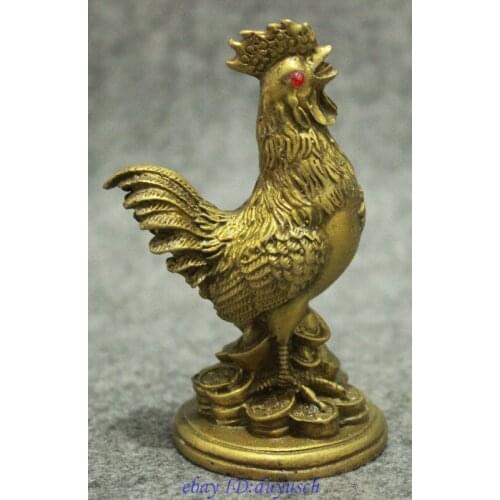 Folk Chinese Brass Wealth YuanBao Coin Fu Cock Rooster Statue Animals Sculpture Garden Bronze copper Decoration real Brass