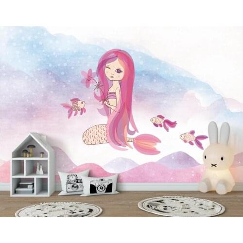 Custom mural wall paper 3 d Sea World Pink Mermaid Fish Girl Childrens Room home decor photo Wallpaper in the living room