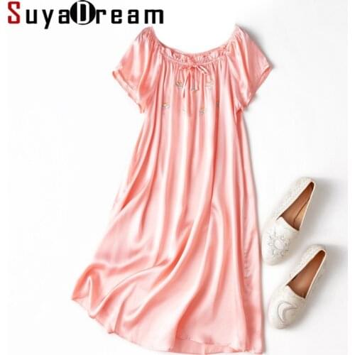 SuyaDream Women Silk Sleepdress 100%Real Silk Mini Length Sleep Dress 2021 Short Sleeves Nightgrowns Red Pink