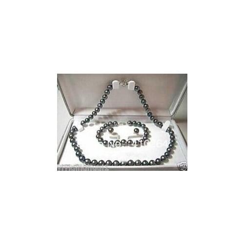 Natural 7-8mm black pearl necklace&bracelet&earring jewelry set