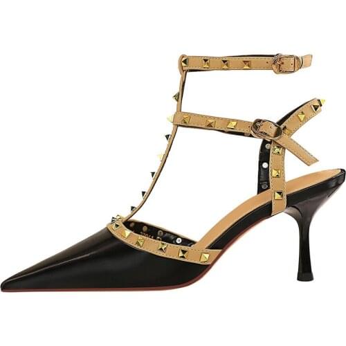 European and American sexy nightclub large size high heel shallow mouth pointed hollow Roman style metal rivet womens sandals