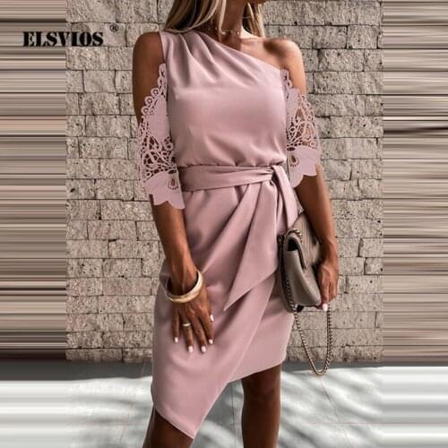 Summer Women New Elegant Office Solid Color Diagonal Collar Casual Short Sleeves Pencil Dress Mid Waist Slim Party Lady Dresses