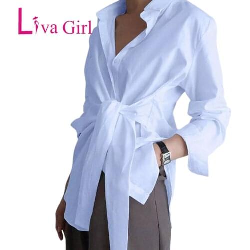 LIVA GIRL Casual Plus Size Solid Loose Tie Long Sleeve Shirt Woman Oversize Turn-down Collar Slim Blouse Female Office Tops 2021
