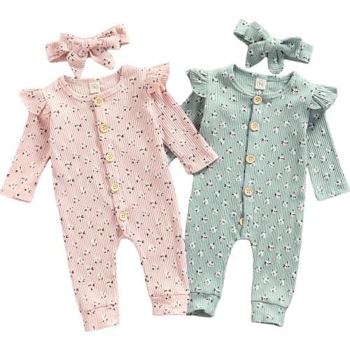Infant Baby Girls Casual Long Sleeve Jumpsuit Fashion Printing Single-breasted Round Neck Long Romper