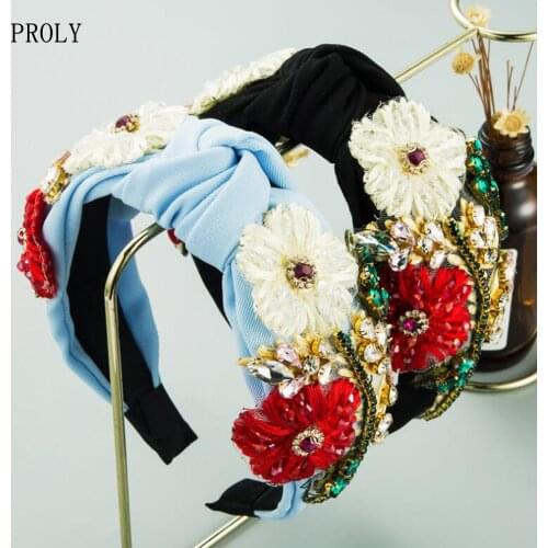 PROLY New Fashion Women Headband Wide Side Noble Embroidery Flower Hairband Handmade Baroque Rhinestone Hair Accessories Party