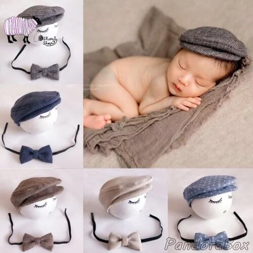 Newborn Photography Prop Gentleman Hat with Bows Tie Set for Infant Baby Boy Photo Shoot Cap Birthday Gift fotoshooting Props