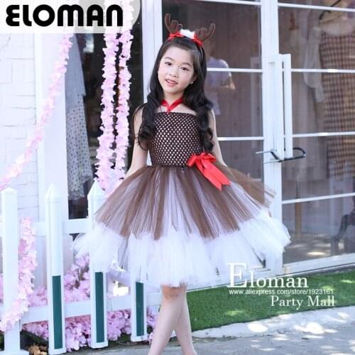 Eloman DIY christmas reindeer handmade tutu dress for girl birthday party girls tutu skirt cute cartoon style solid tulle dress